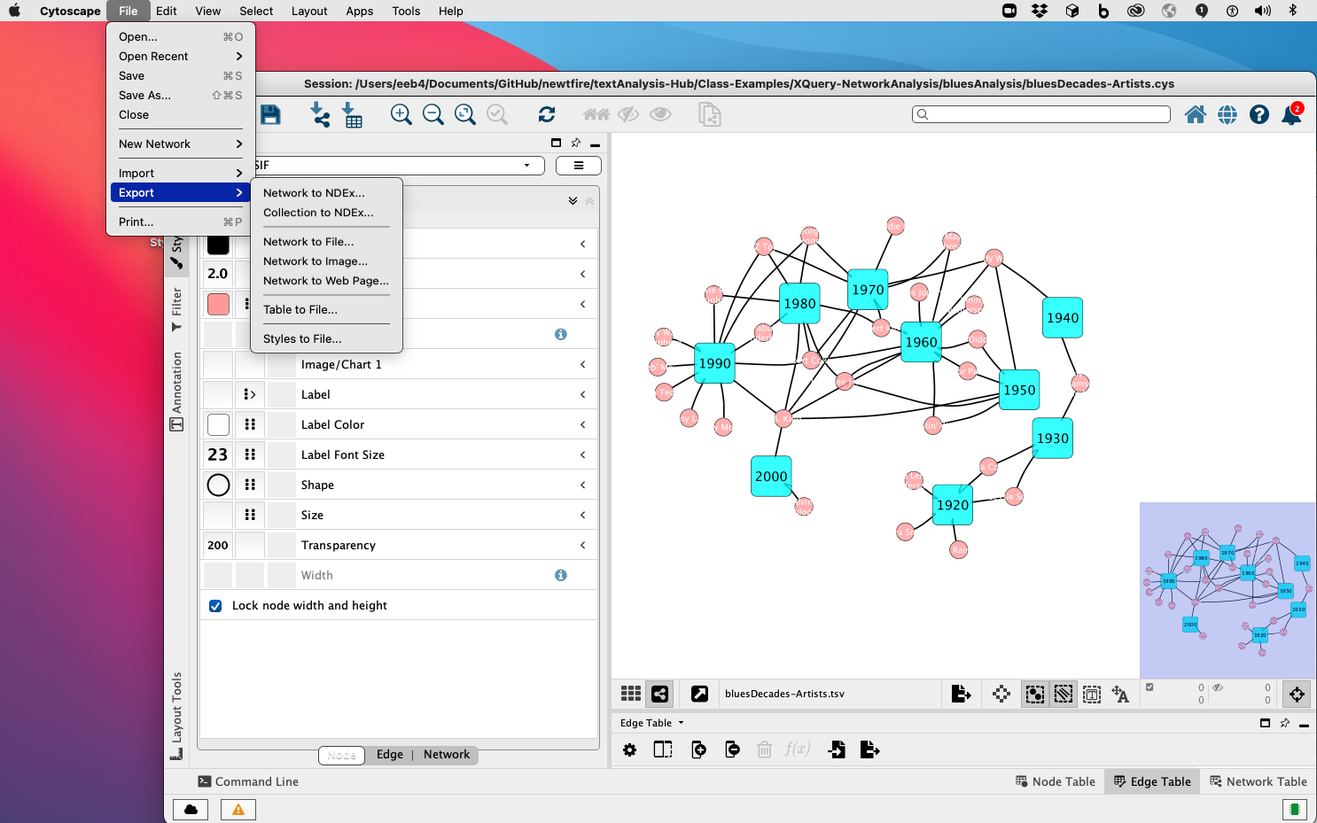 view of export options in Cytoscape